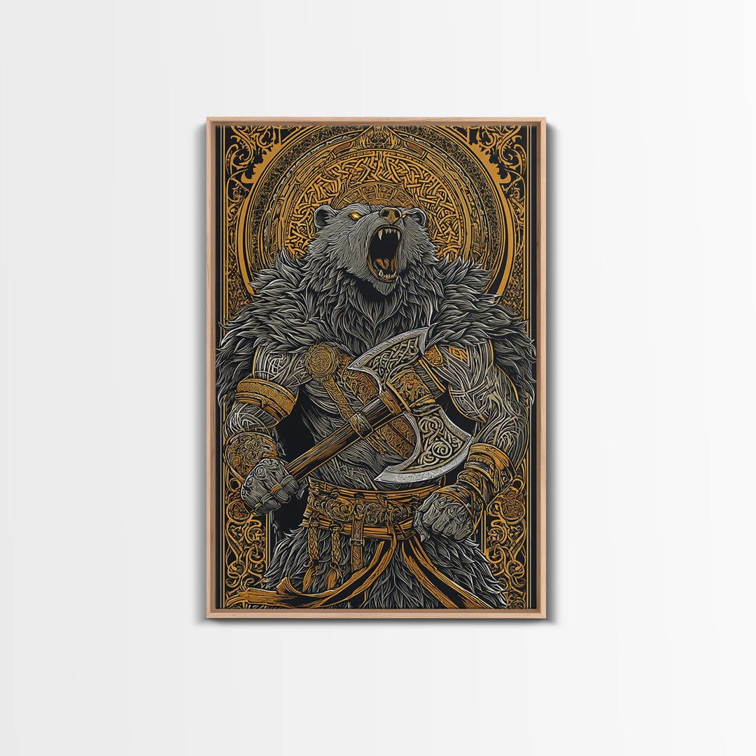Nordic Bear Warrior Canvas Gold Art Canvas Art | Viking Mythology Wall Decor for Office or Man Cave | Framed in Natural Wood