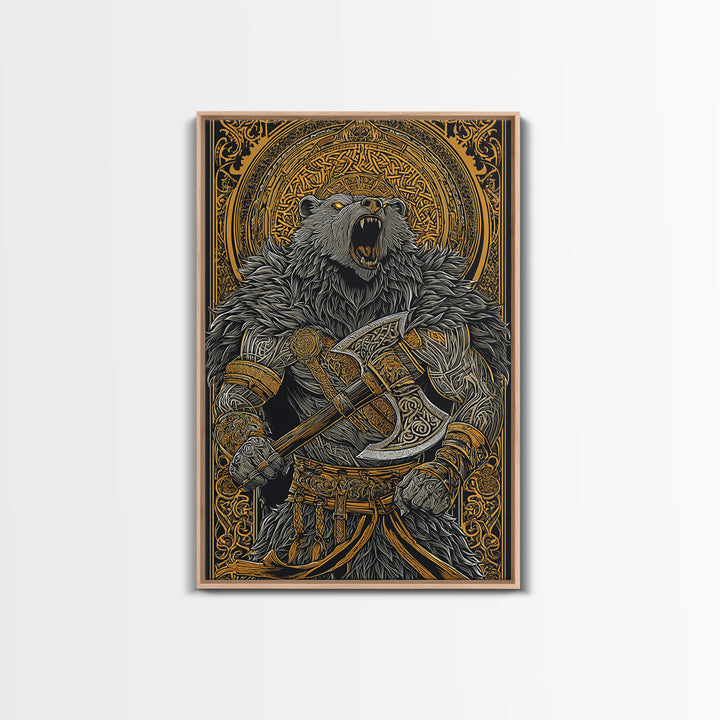 Nordic Bear Warrior Canvas Gold Art Canvas Art | Viking Mythology Wall Decor for Office or Man Cave | Framed in Natural Wood