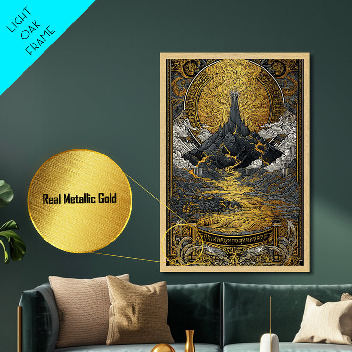 Muspelheim Fire Mountain Metallic Gold Art Metal Art | Viking Mythology Lava Landscape Wall Art | Natural Wood Frame Included