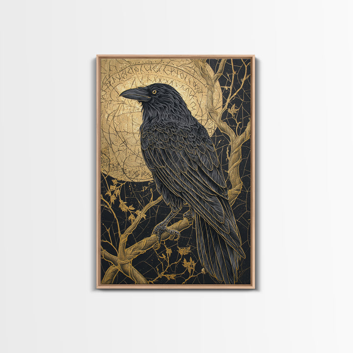 Odin’s Raven Canvas Gold Art Canvas Art | Norse Mythology Bird Symbol Wall Decor for Office or Dad Gift | Set in Real Wood Frame
