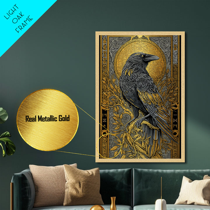 Hugin Raven Metallic Gold Art Metal Art | Viking Odin Symbol Norse Mythology Decor | Man Cave Wall Art | Framed in Solid Wood