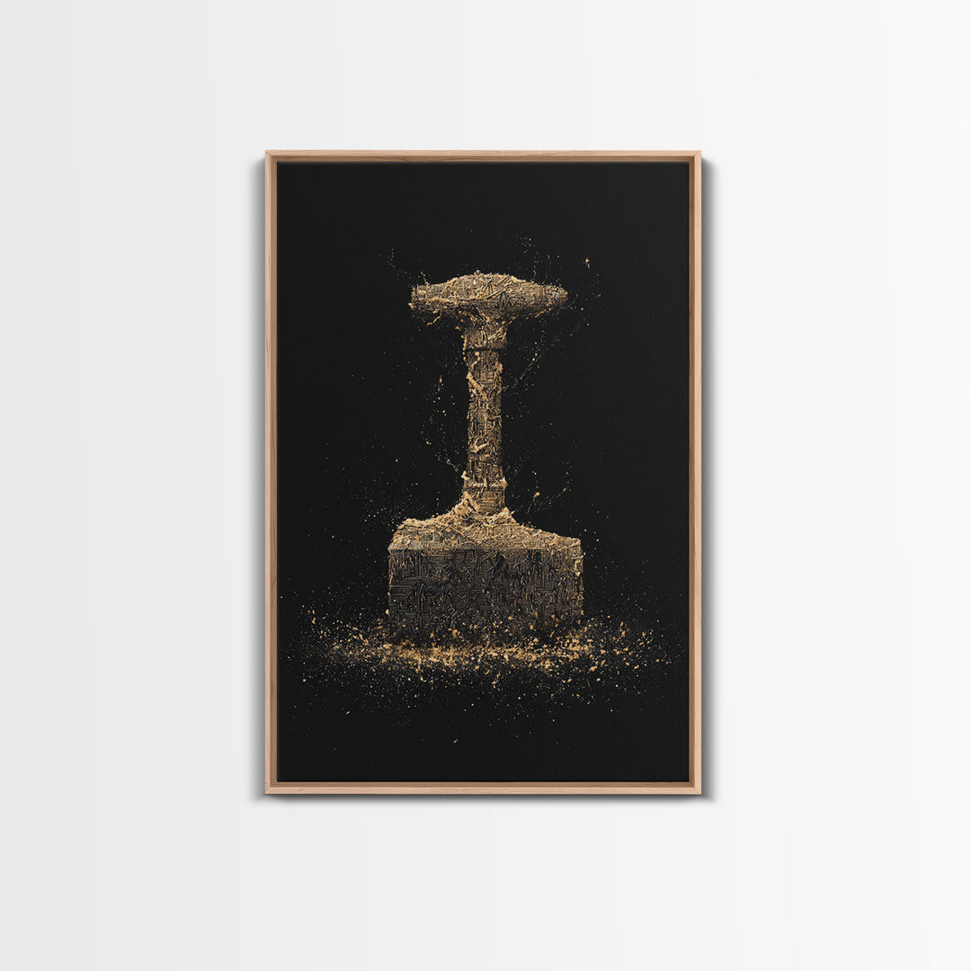 Thor’s Hammer Canvas Gold Art Canvas Art | Norse Mythology Mjölnir Wall Decor Pagan Viking Symbol | Mounted with Real Wood Frame