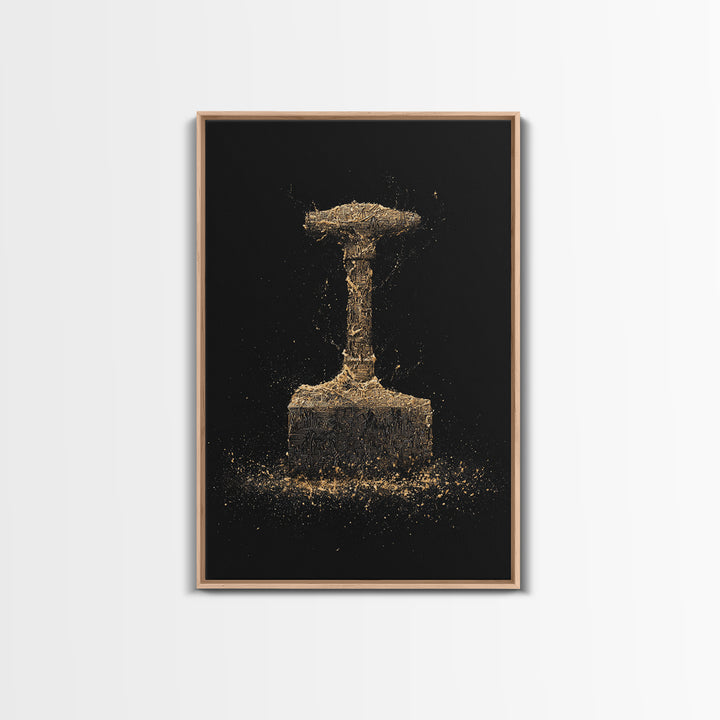 Thor’s Hammer Canvas Gold Art Canvas Art | Norse Mythology Mjölnir Wall Decor Pagan Viking Symbol | Mounted with Real Wood Frame