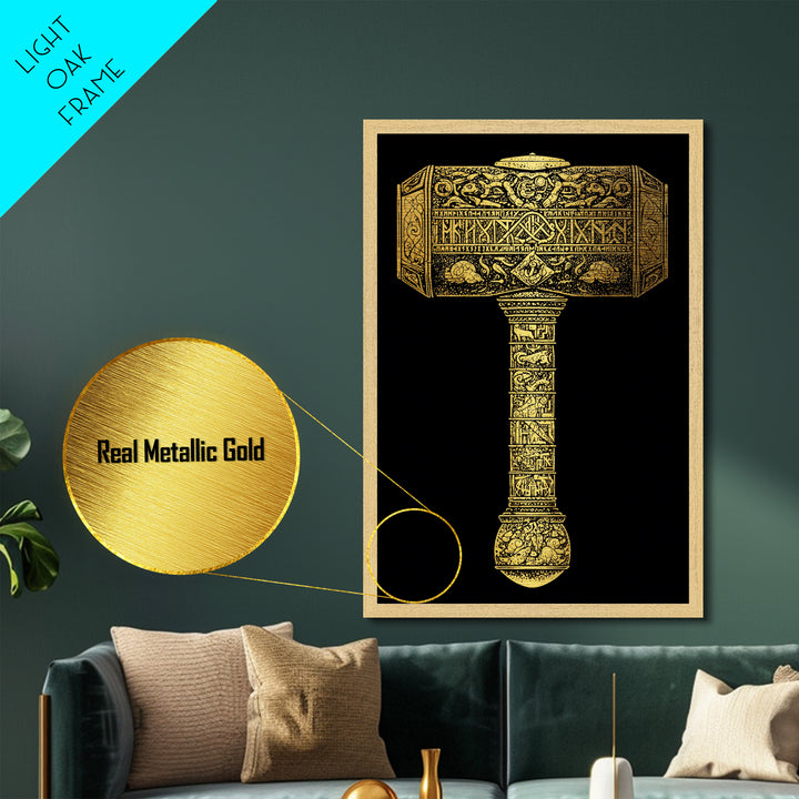 Viking Mjölnir Hammer Metallic Gold Art Metal Art | Nordic Mythology Pagan Symbol Wall Art Dad Gift | Office Decor in Wood Frame
