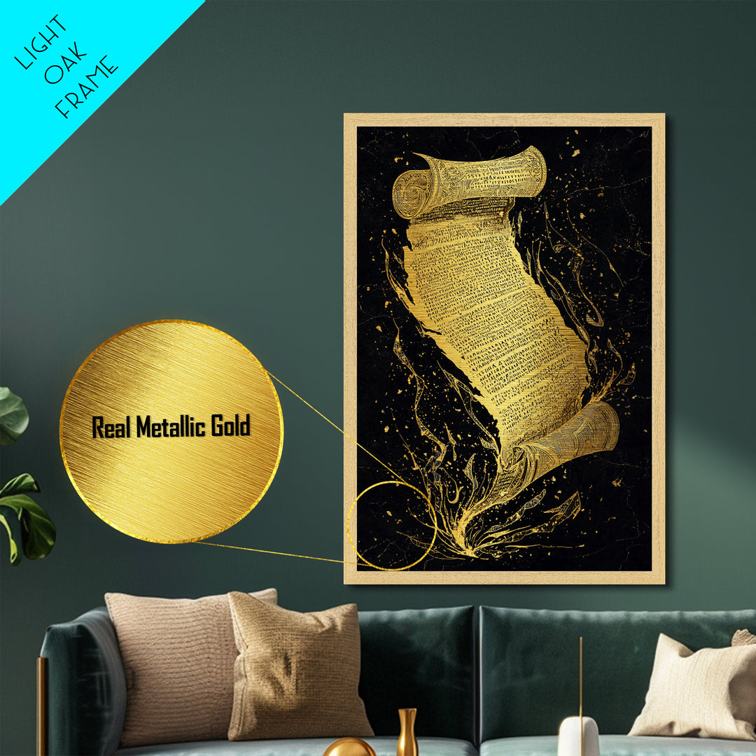 Runestone Scroll Metallic Gold Art Metal Art | Nordic Mythology Rune Wall Art Viking Pagan Decor | Natural Wood Frame Man Cave Art