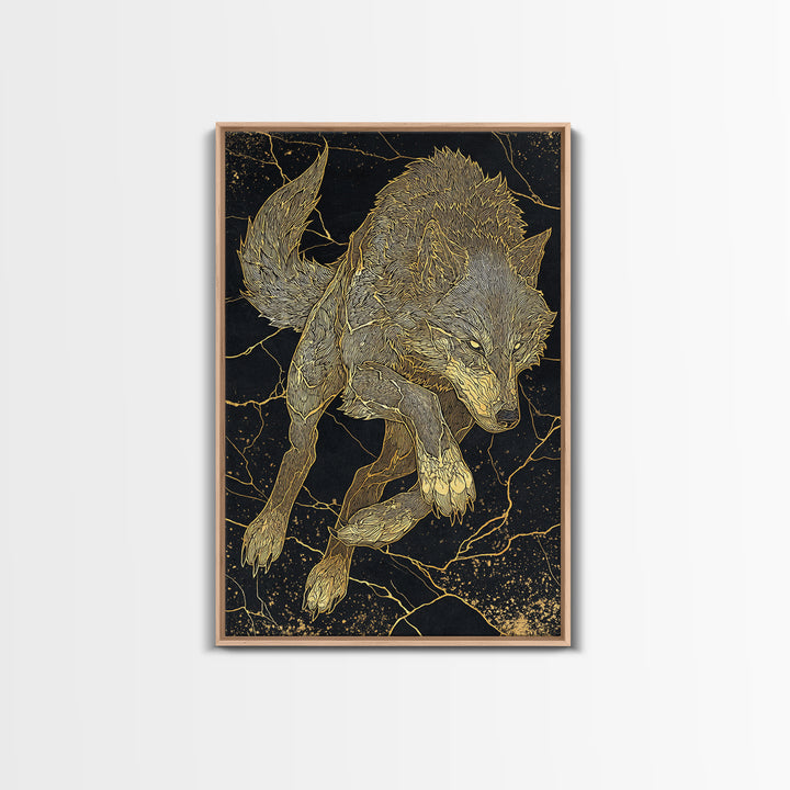 Fenrir Wolf Canvas Gold Art Canvas Art | Norse Mythology Beast Wall Art for Office Decor or Dad Gift | Framed in Real Wood