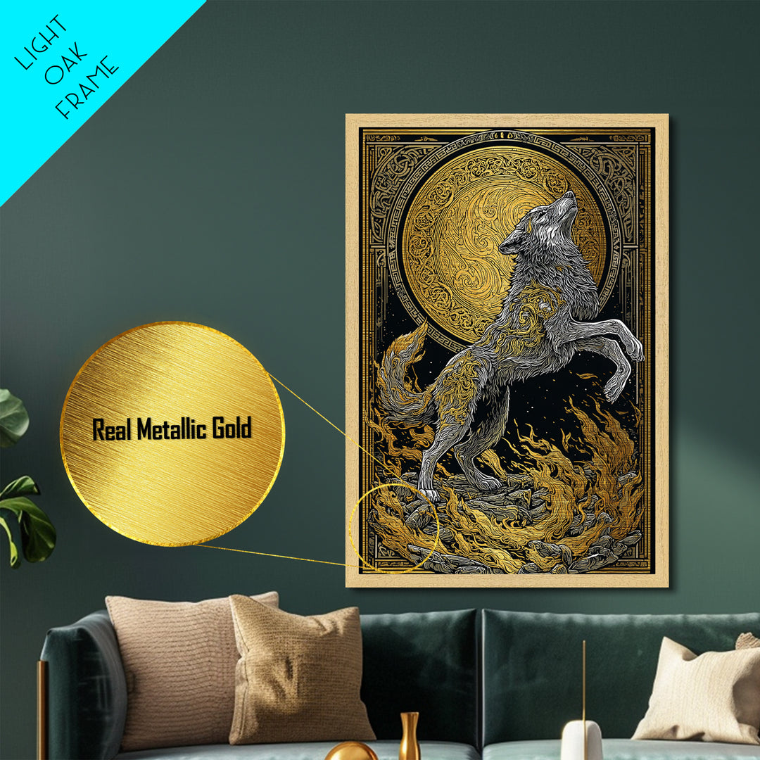 Mythic Wolf Spirit Metallic Gold Art Metal Art | Norse Viking Wall Art Pagan Symbol Decor for Man Cave | Set with Natural Wood Frame