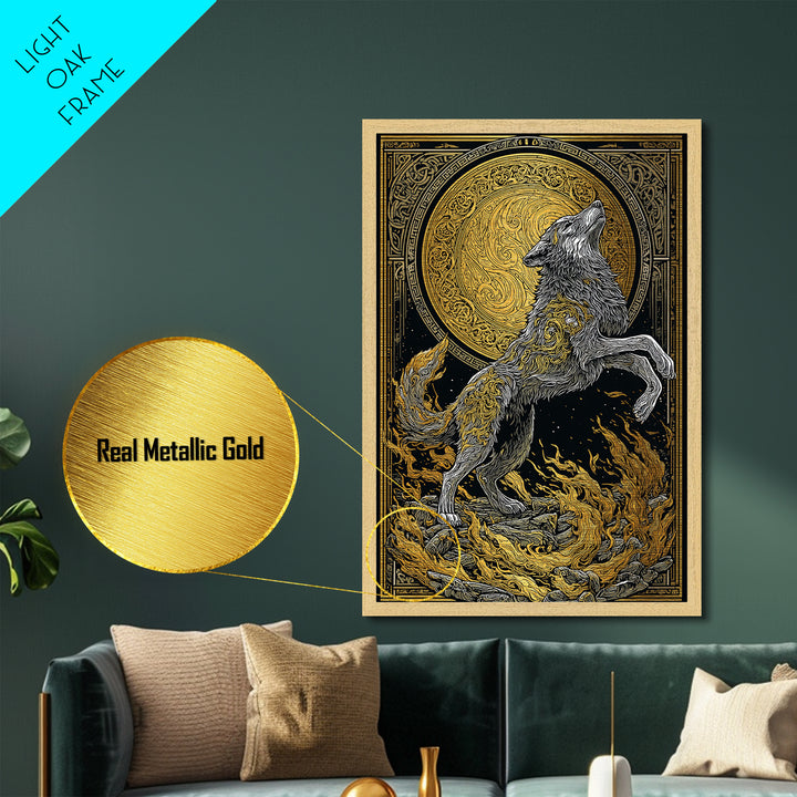 Mythic Wolf Spirit Metallic Gold Art Metal Art | Norse Viking Wall Art Pagan Symbol Decor for Man Cave | Set with Natural Wood Frame