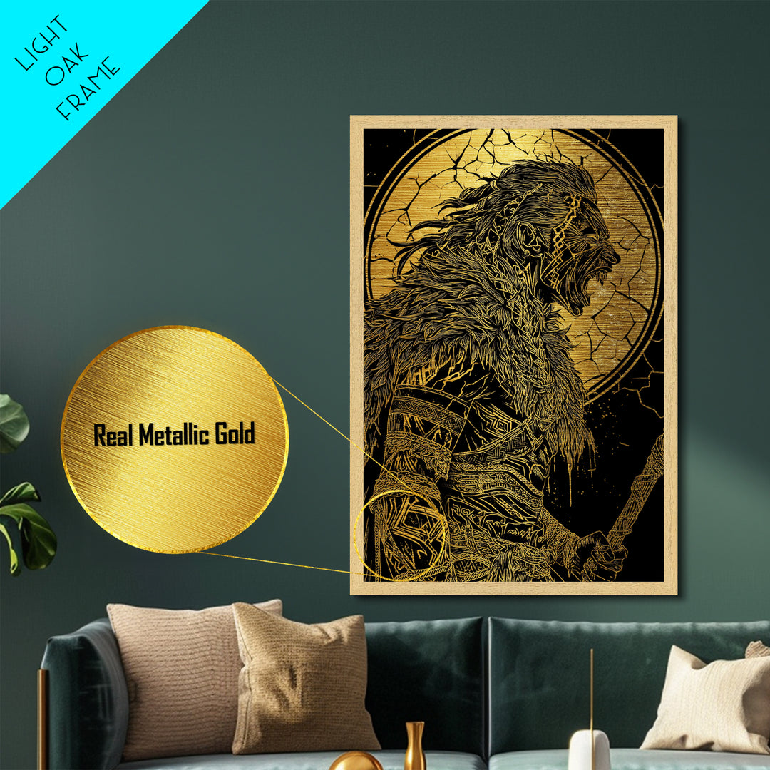 Fierce Viking Berserker Metallic Gold Art Metal Art | Norse Mythology Warrior Wall Art Dad Gift | Mounted with Real Wood Frame