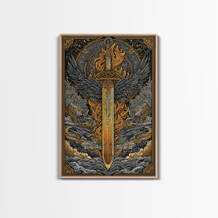 Valkyrie Sword Canvas Gold Art Canvas Art | Norse Mythology Weapon Wall Decor Viking Warrior Art | Mounted in Solid Wood Frame