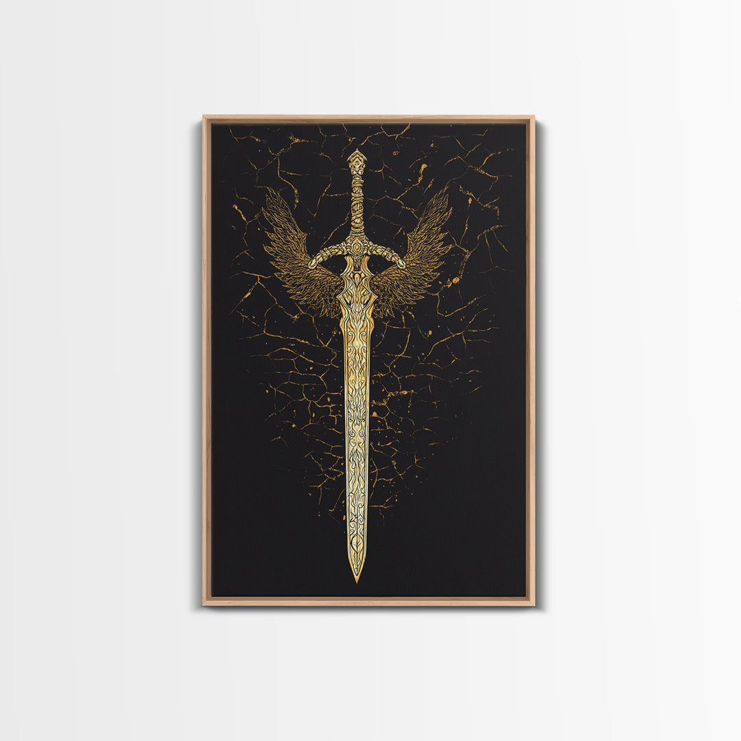 Winged Viking Sword Canvas Gold Art Canvas Art | Norse Mythology Weapon Wall Decor for Man Cave or Office | Framed in Real Wood