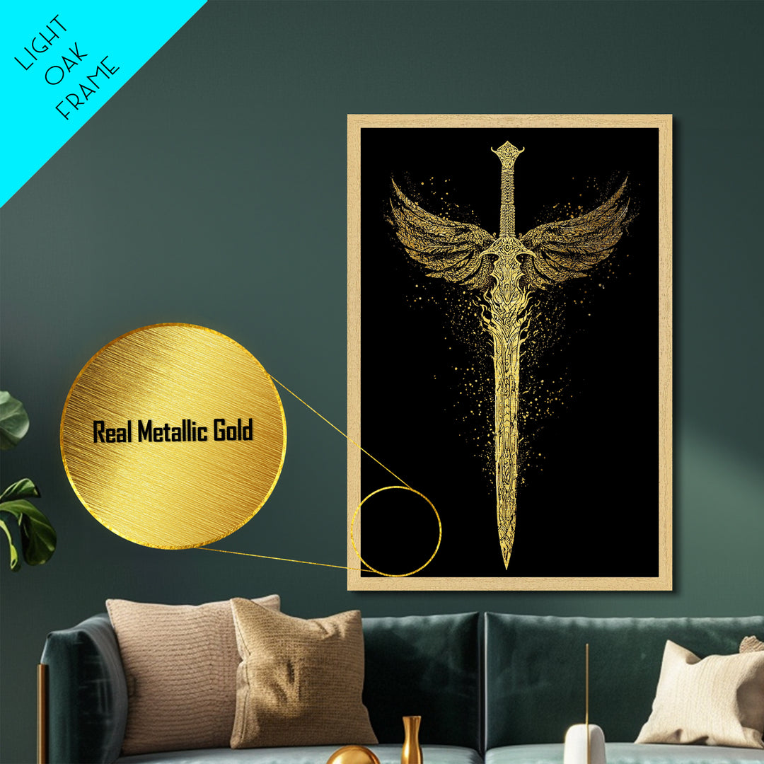 Norse Angelic Sword Metallic Gold Art Metal Art | Viking Warrior Weapon Wall Art Dad Gift | Mounted with Solid Natural Wood Frame