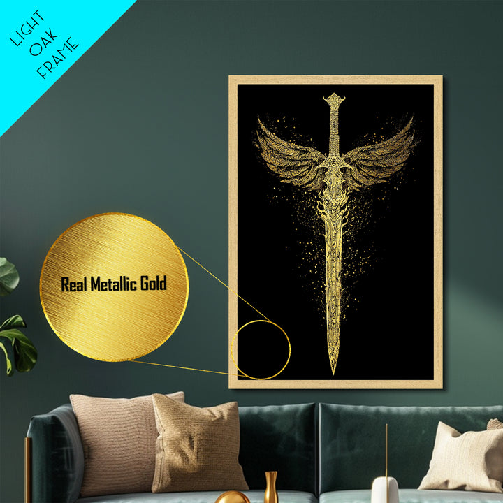 Norse Angelic Sword Metallic Gold Art Metal Art | Viking Warrior Weapon Wall Art Dad Gift | Mounted with Solid Natural Wood Frame