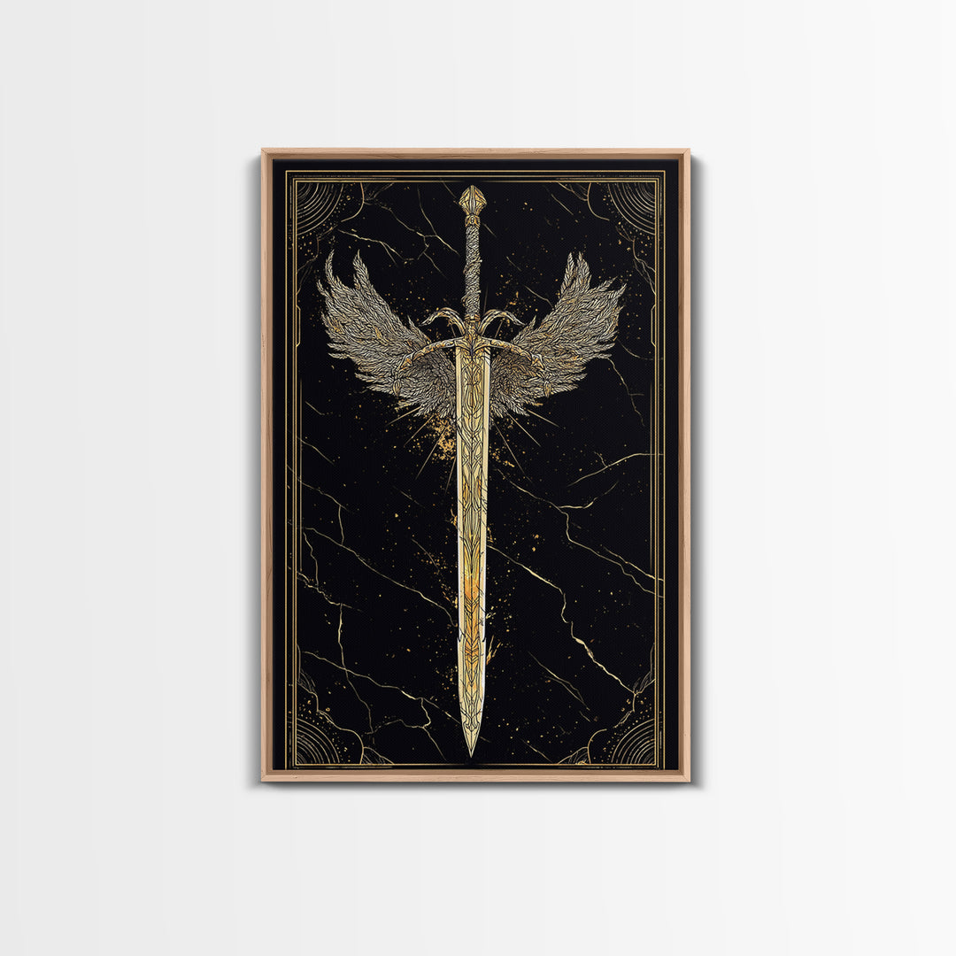 Winged Blade Canvas Gold Art Canvas Art | Norse Mythology Sword Wall Art Pagan Decor Dad Gift | Natural Wood Frame for Office