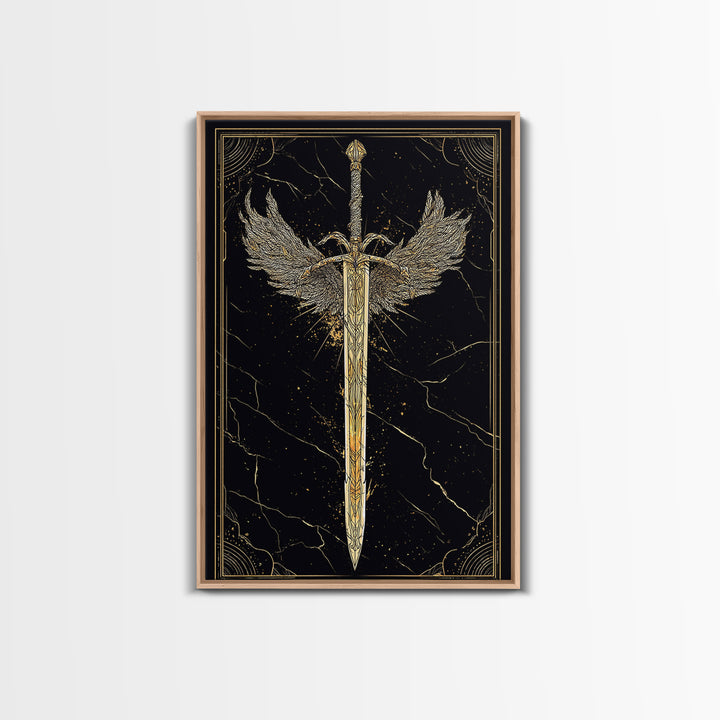 Winged Blade Canvas Gold Art Canvas Art | Norse Mythology Sword Wall Art Pagan Decor Dad Gift | Natural Wood Frame for Office
