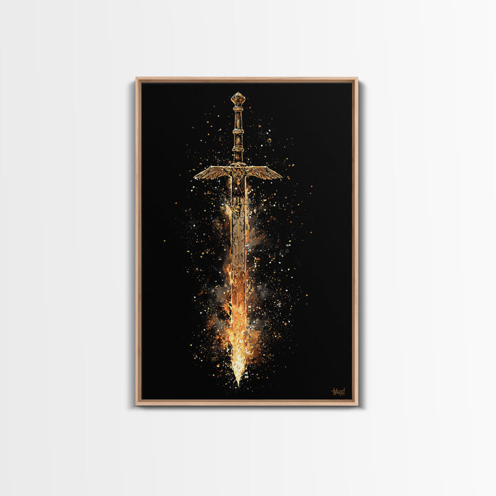 Fiery Sword of the Gods Canvas Gold Art Canvas Art | Viking Weapon Wall Decor Norse Mythology Art | Framed in Authentic Wood