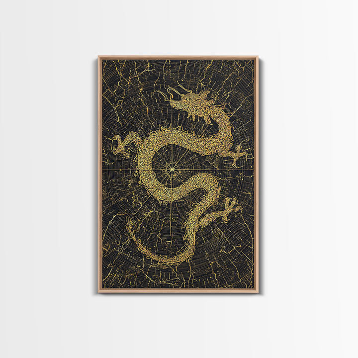 Dragon of Midgard Canvas Gold Art Canvas Art | Norse Mythology Serpent Jormungandr Wall Decor | Office Art with Real Wood Frame