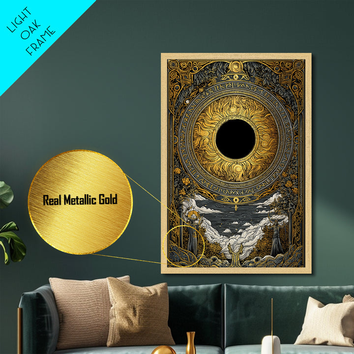 Solar Eclipse Nordic Metallic Gold Art Metal Art | Viking Pagan Wall Decor Mythology Office Art | Mounted in Solid Natural Wood
