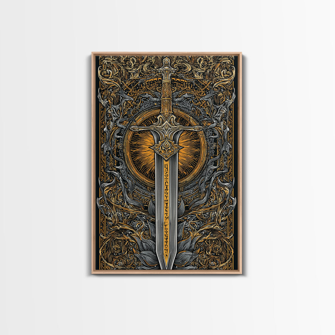 Sword of Asgard Canvas Gold Art Canvas Art | Norse Mythology Warrior Weapon Wall Decor for Dad Gift | Framed with Real Wood