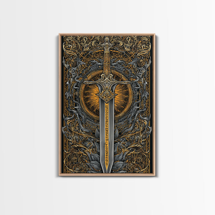 Sword of Asgard Canvas Gold Art Canvas Art | Norse Mythology Warrior Weapon Wall Decor for Dad Gift | Framed with Real Wood