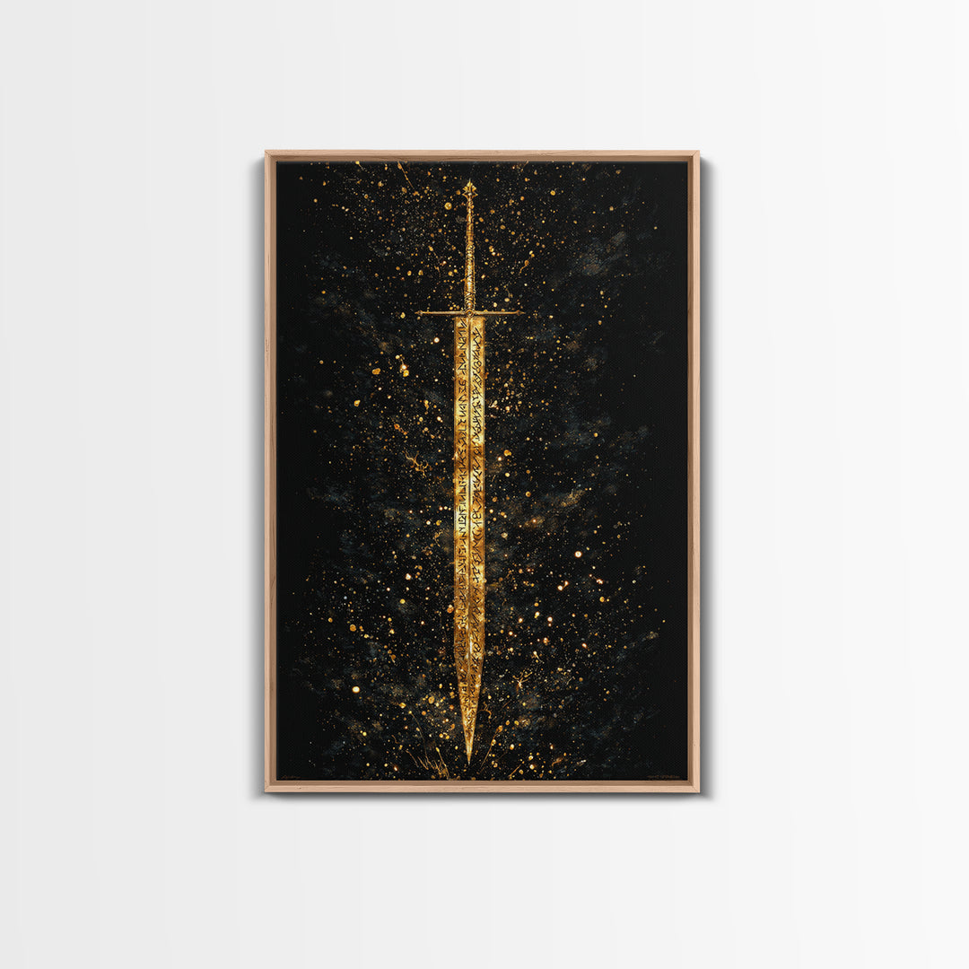 Runic Viking Sword Canvas Gold Art Canvas Art | Norse Mythology Weapon Wall Art Pagan Symbol Decor | Natural Wood Frame Included