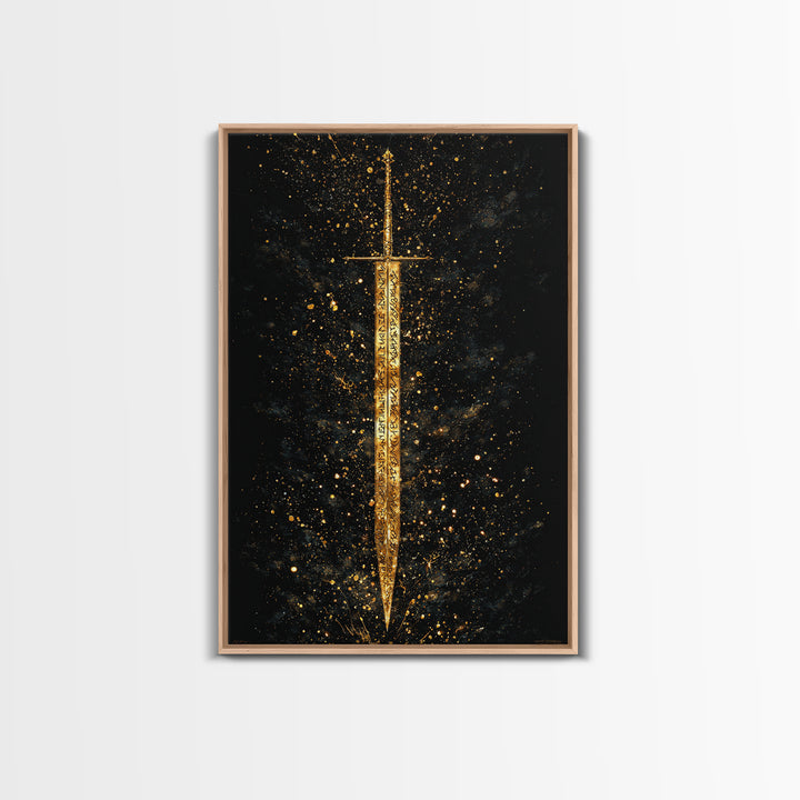 Runic Viking Sword Canvas Gold Art Canvas Art | Norse Mythology Weapon Wall Art Pagan Symbol Decor | Natural Wood Frame Included