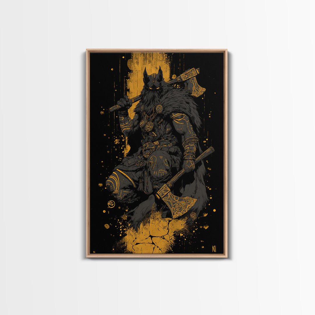 Odin’s Wolf Warrior Canvas Gold Art Canvas Art | Nordic Viking God Wall Decor for Man Cave or Office | Set in Solid Wood Frame