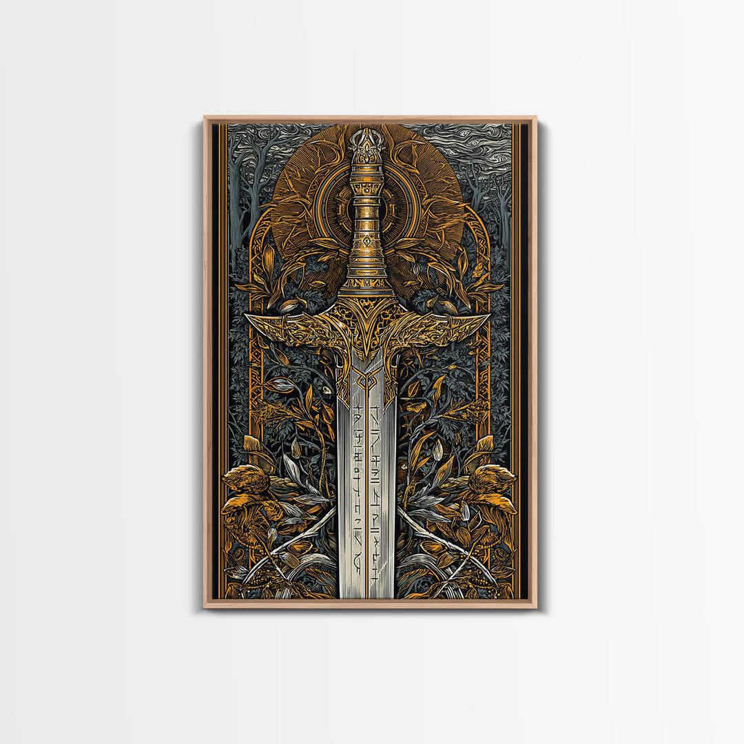 Nordic Forest Sword Canvas Gold Art Canvas Art | Viking Mythology Decor Pagan Warrior Weapon Wall Art | Mounted with Wood Frame
