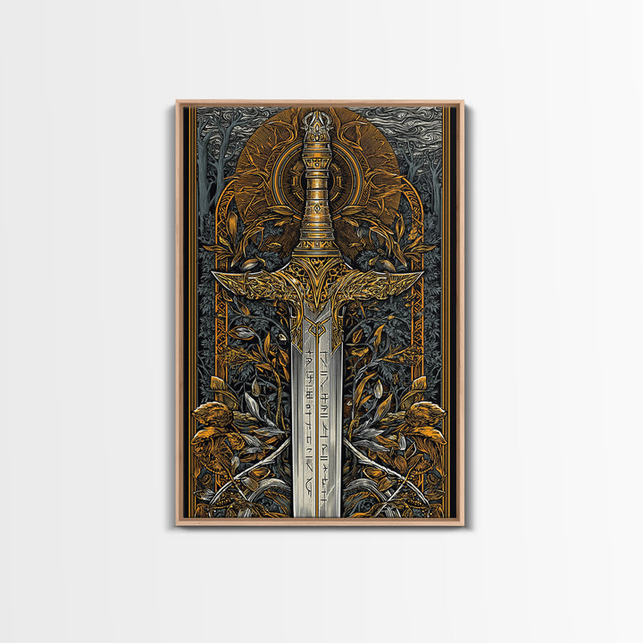 Nordic Forest Sword Canvas Gold Art Canvas Art | Viking Mythology Decor Pagan Warrior Weapon Wall Art | Mounted with Wood Frame