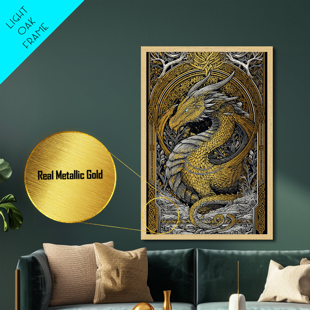 Nordic Dragon Metallic Gold Art Metal Art | Viking Mythology Wall Decor for Dad Gift or Office Art | With Natural Wood Frame