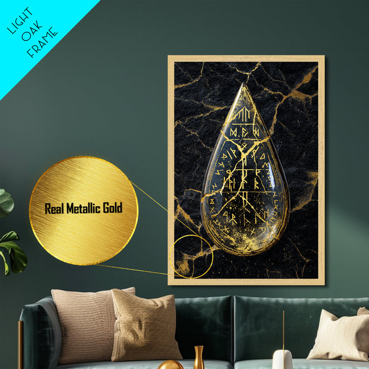 Runestone Metallic Gold Art Metal Art | Viking Runes Nordic Mythology Wall Art for Man Cave or Study | Mounted in Real Wood