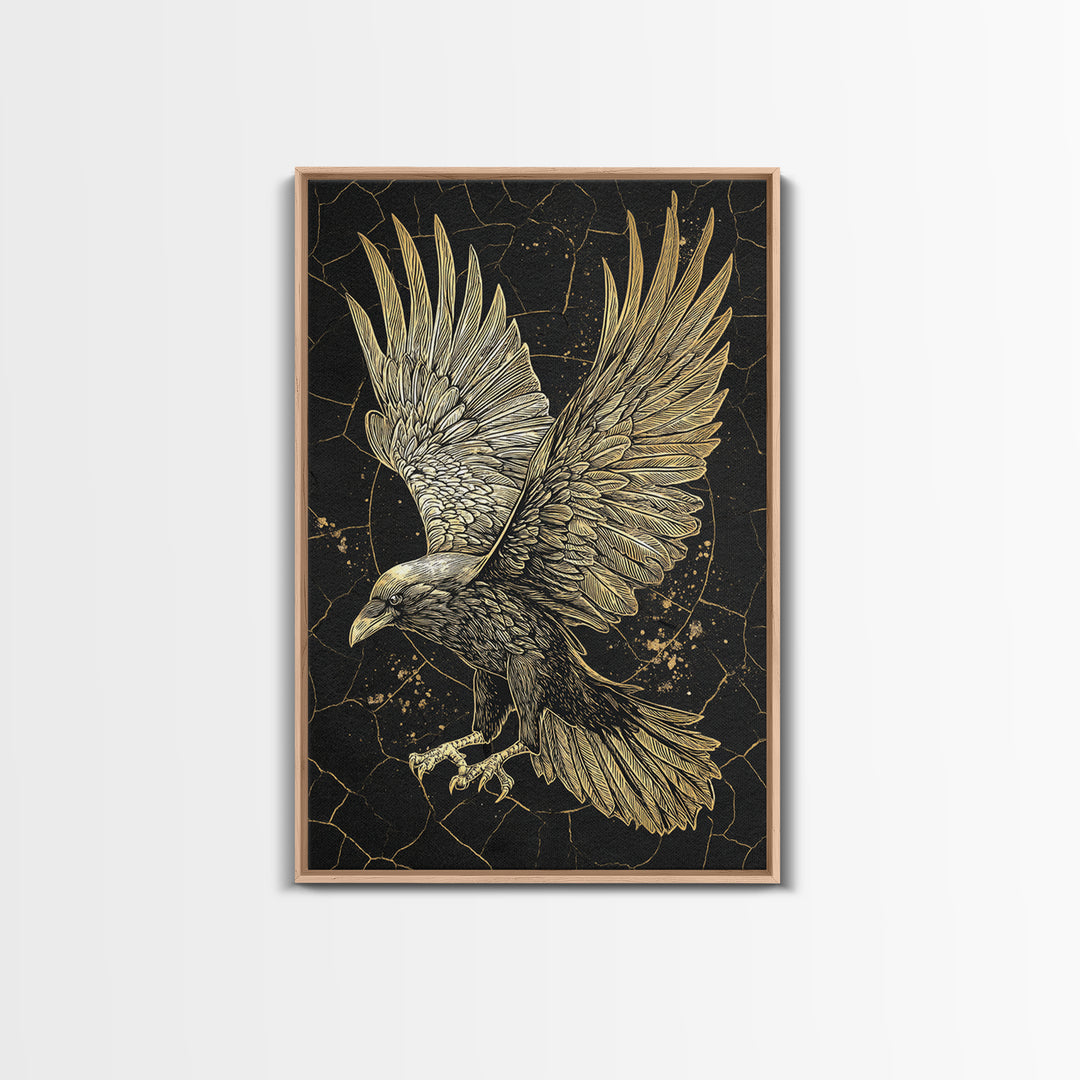 Odin’s Raven Canvas Gold Art Canvas Art | Viking Mythology Wall Decor for Office or Dad Gift | Framed with Solid Wood