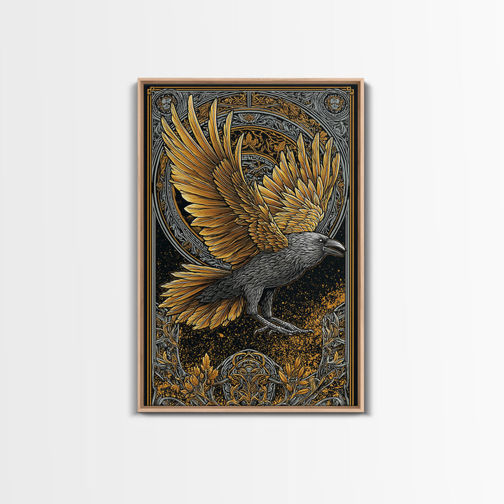 Huginn and Muninn Raven Canvas Gold Art Canvas Art | Norse Mythology Wall Hanging for Man Cave Decor | Real Wood Frame Included