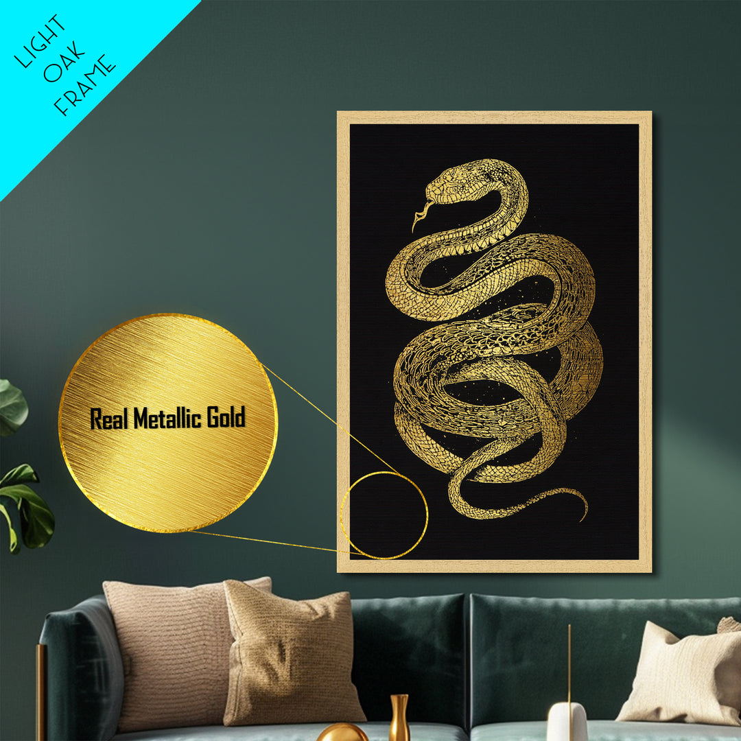Jormungandr Serpent Metallic Gold Art Metal Art | Viking Snake Norse Mythology Wall Art for Office or Man Cave | Framed in Wood
