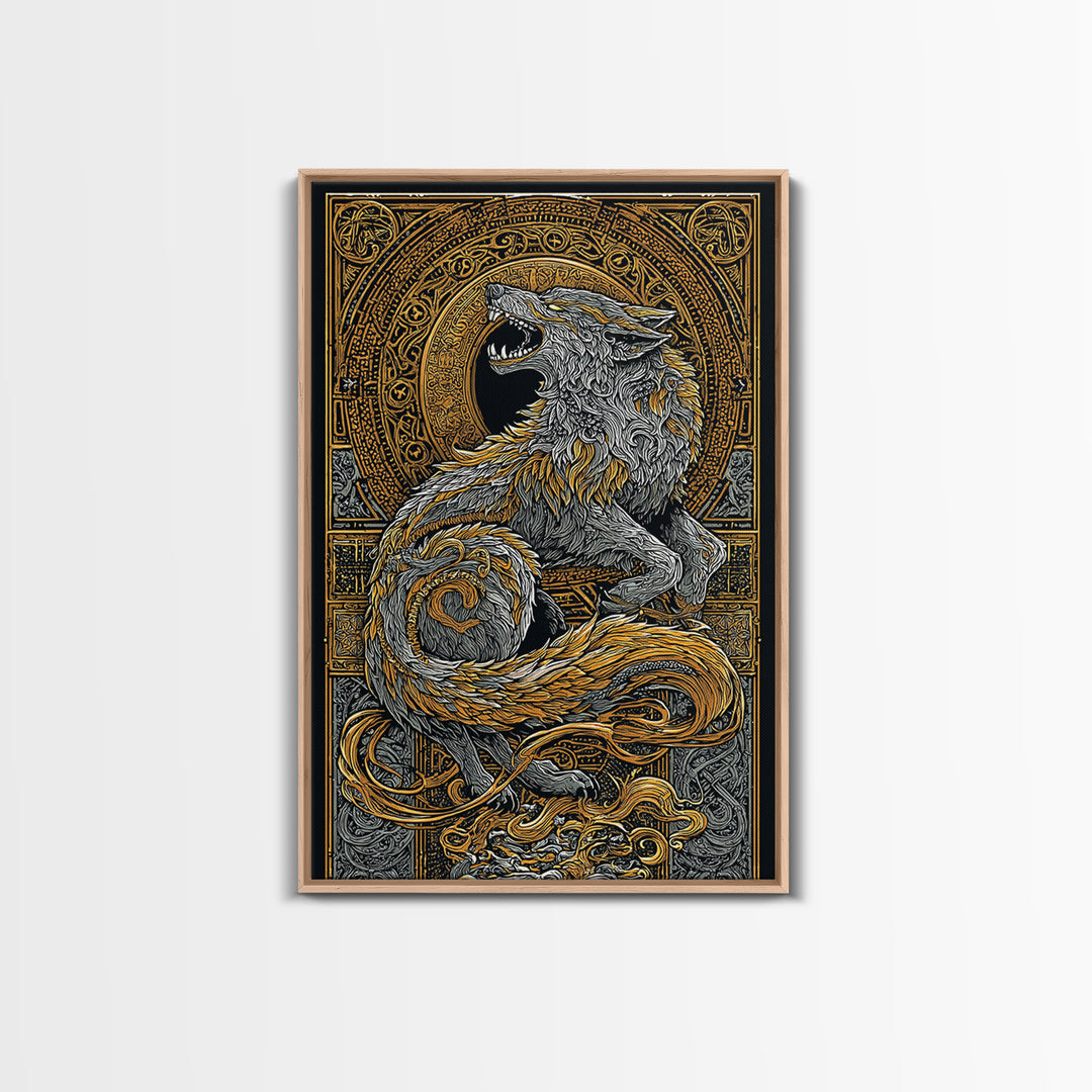 Fenrir Wolf Canvas Gold Art Canvas Art | Norse Mythology Viking Wolf Wall Decor for Dad Gift or Office Art | Real Wood Frame