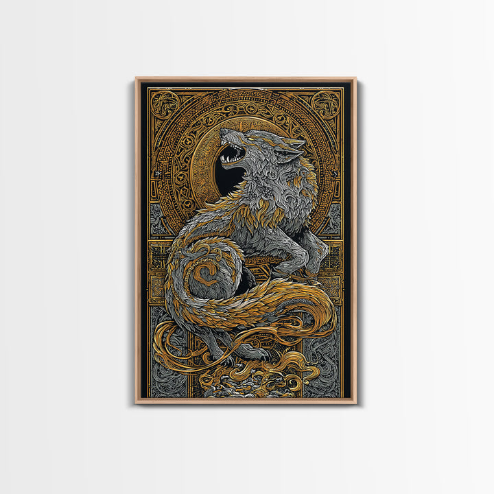 Fenrir Wolf Canvas Gold Art Canvas Art | Norse Mythology Viking Wolf Wall Decor for Dad Gift or Office Art | Real Wood Frame