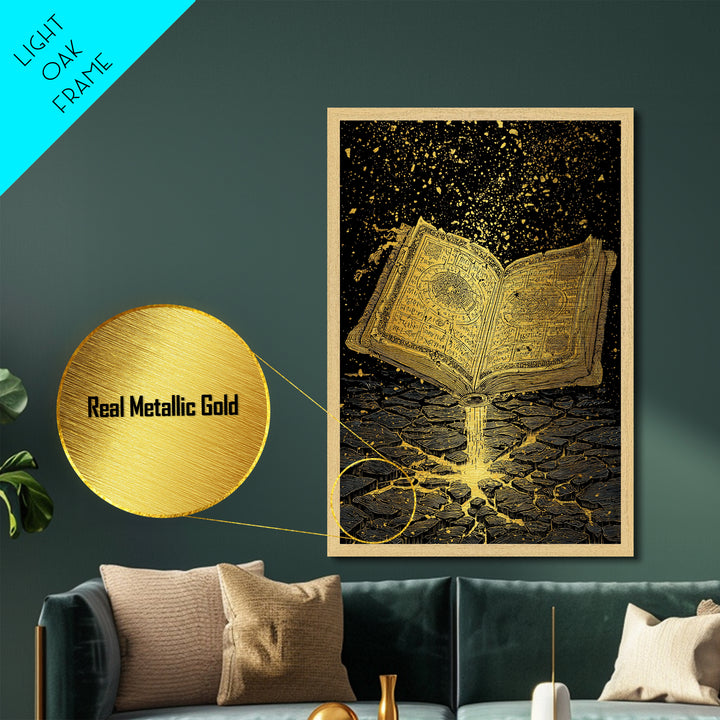 Nordic Spellbook Metallic Gold Art Metal Art | Viking Runes Mythology Wall Decor for Man Cave or Office | Framed with Wood