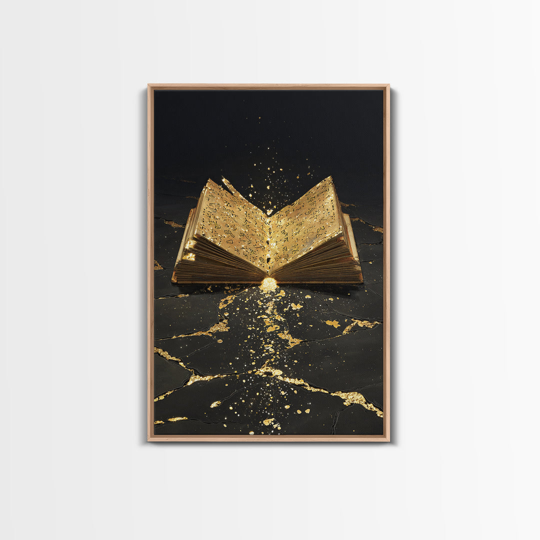 Ancient Rune Book Canvas Gold Art Canvas Art | Norse Mythology Viking Decor for Office Art or Man Cave | Natural Wood Framing