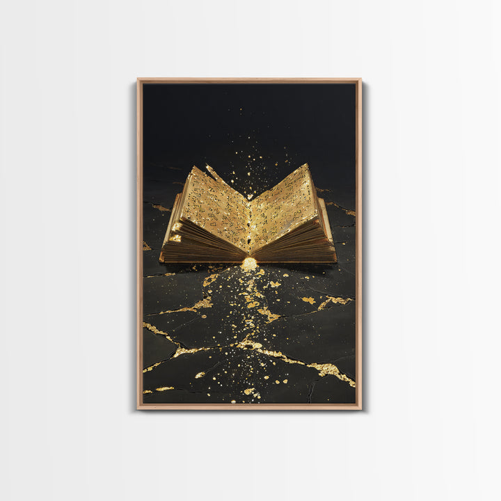 Ancient Rune Book Canvas Gold Art Canvas Art | Norse Mythology Viking Decor for Office Art or Man Cave | Natural Wood Framing