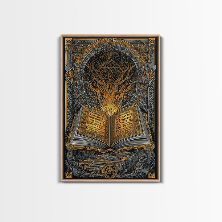Viking Grimoire Canvas Gold Art Canvas Art | Norse Mythology Rune Book Wall Decor for Dad Gift or Study | Framed in Real Wood