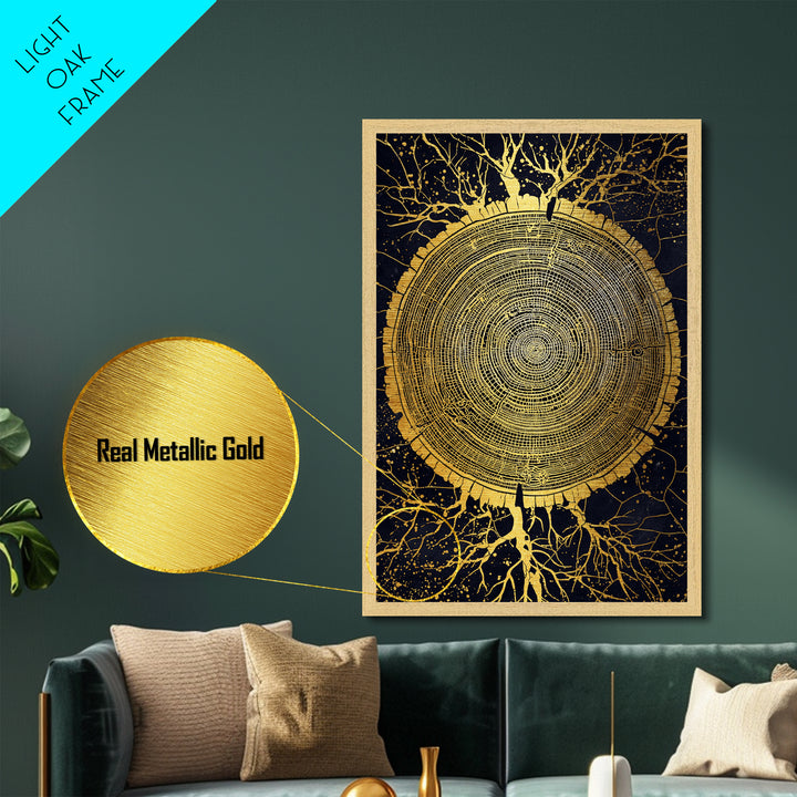 Metallic Gold Art of Yggdrasil Inspired Tree Rings, Norse Mythology Metal Art for Dad Gift or Study, handcrafted real wood frame
