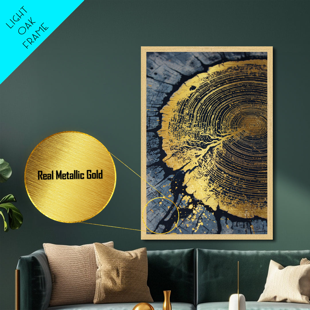 Odin’s Yggdrasil Tree Ring Metallic Gold Art, Nordic Mythology Metal Art for Man Cave or Office, framed in natural real wood
