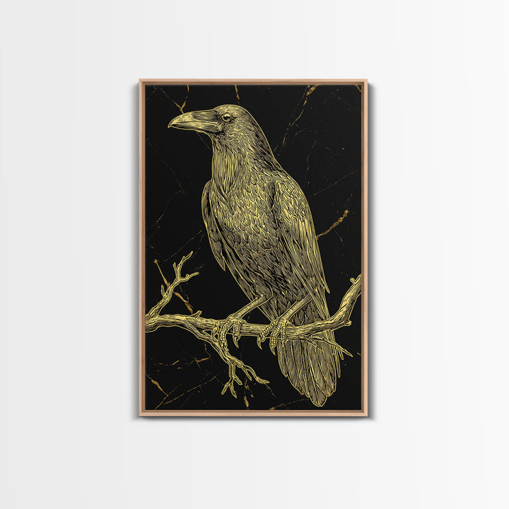 Raven Canvas Gold Art Wall Decor, Huginn and Muninn Inspired Norse Mythology Canvas Art for Office or Man Cave, in real wood frame