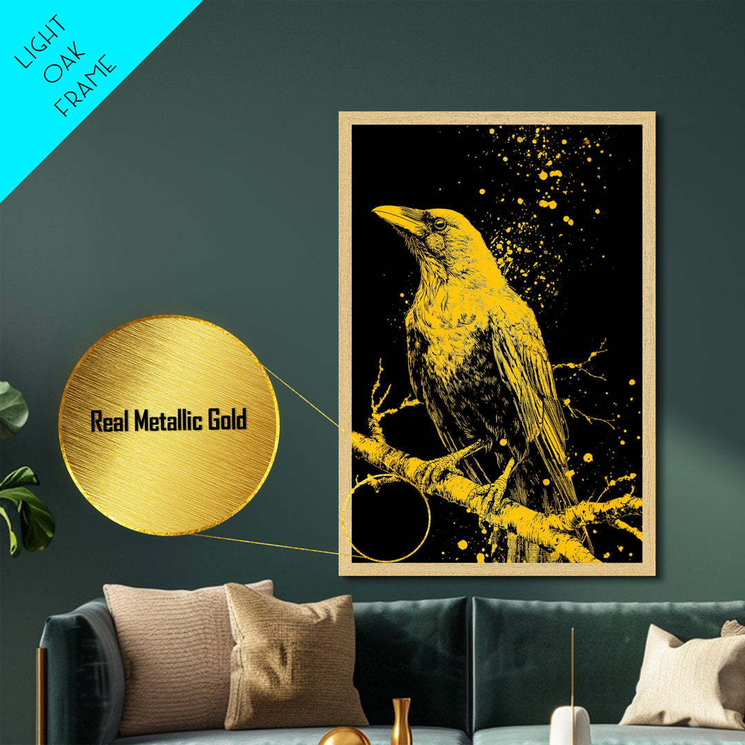Nordic Mythology Raven Metallic Gold Art, Odin’s Huginn Raven Metal Art for Dad Gift, Office or Study, framed with natural wood