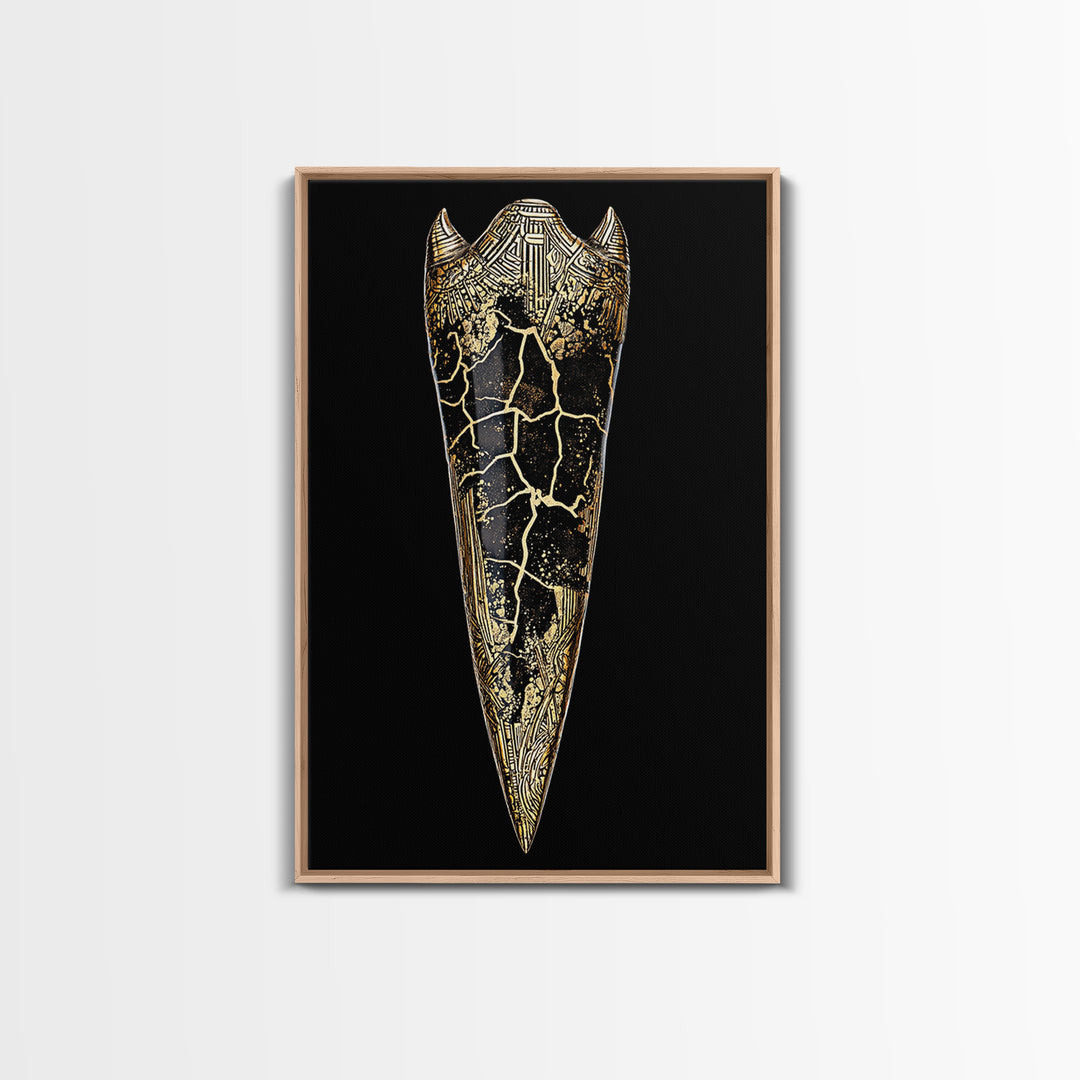Viking Armor Relic Canvas Gold Art, Nordic Mythology Inspired Canvas Art Wall Decor for Office or Man Cave, with real wood frame