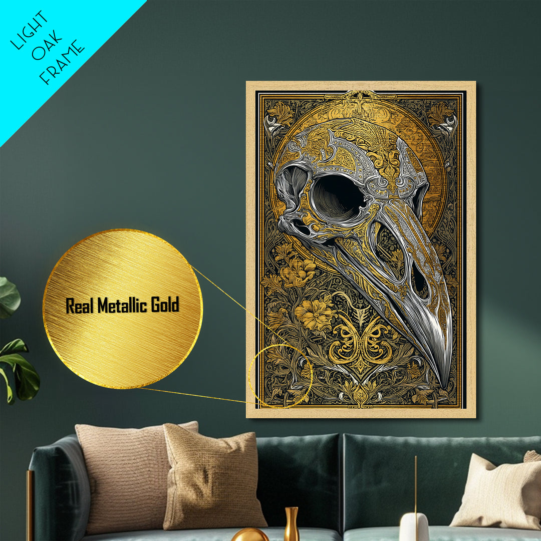 Norse Crow Skull Metallic Gold Art, Nordic Mythology Metal Art for Man Cave or Office, framed in handcrafted real wood frame