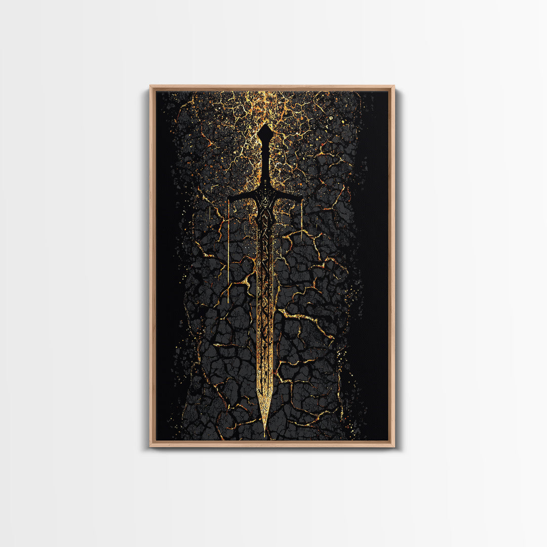 Viking Sword Canvas Gold Art, Norse Mythology Canvas Art Wall Decor for Dad Gift, Office or Study, framed with natural real wood