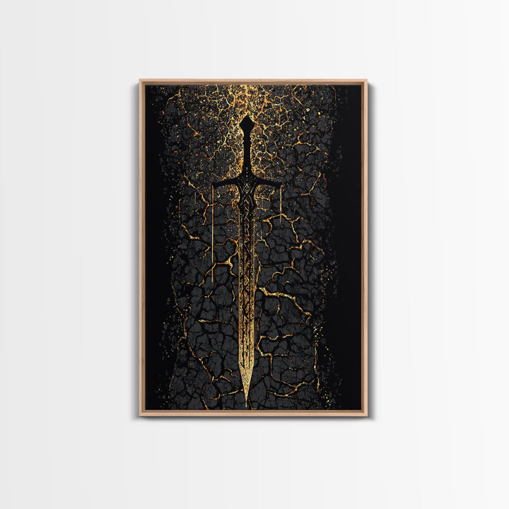 Viking Sword Canvas Gold Art, Norse Mythology Canvas Art Wall Decor for Dad Gift, Office or Study, framed with natural real wood