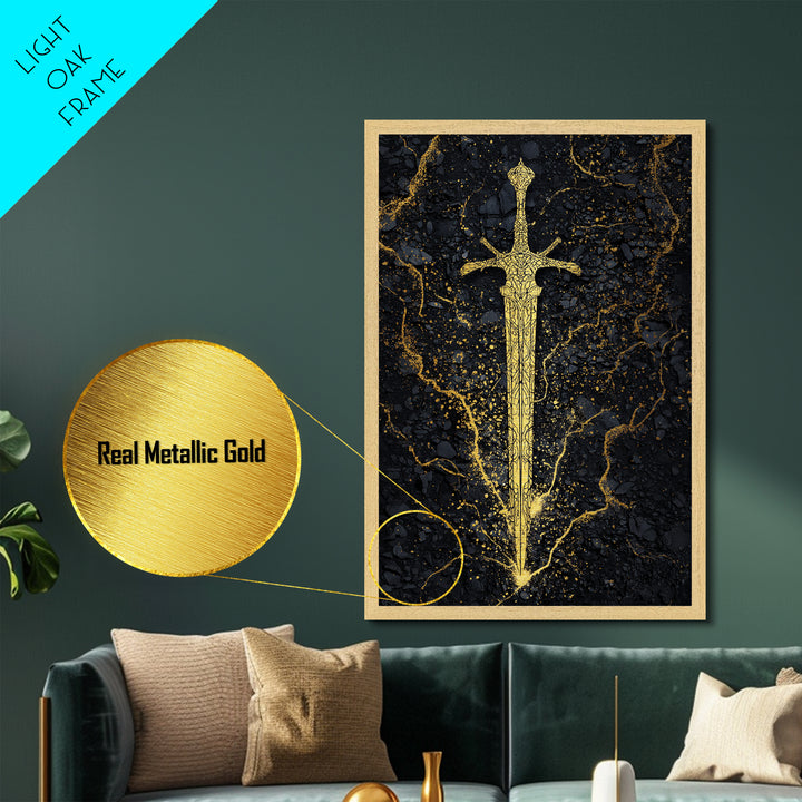 Nordic Sword of Legends Metallic Gold Art, Norse Mythology Inspired Metal Art for Man Cave or Office, with real wood frame