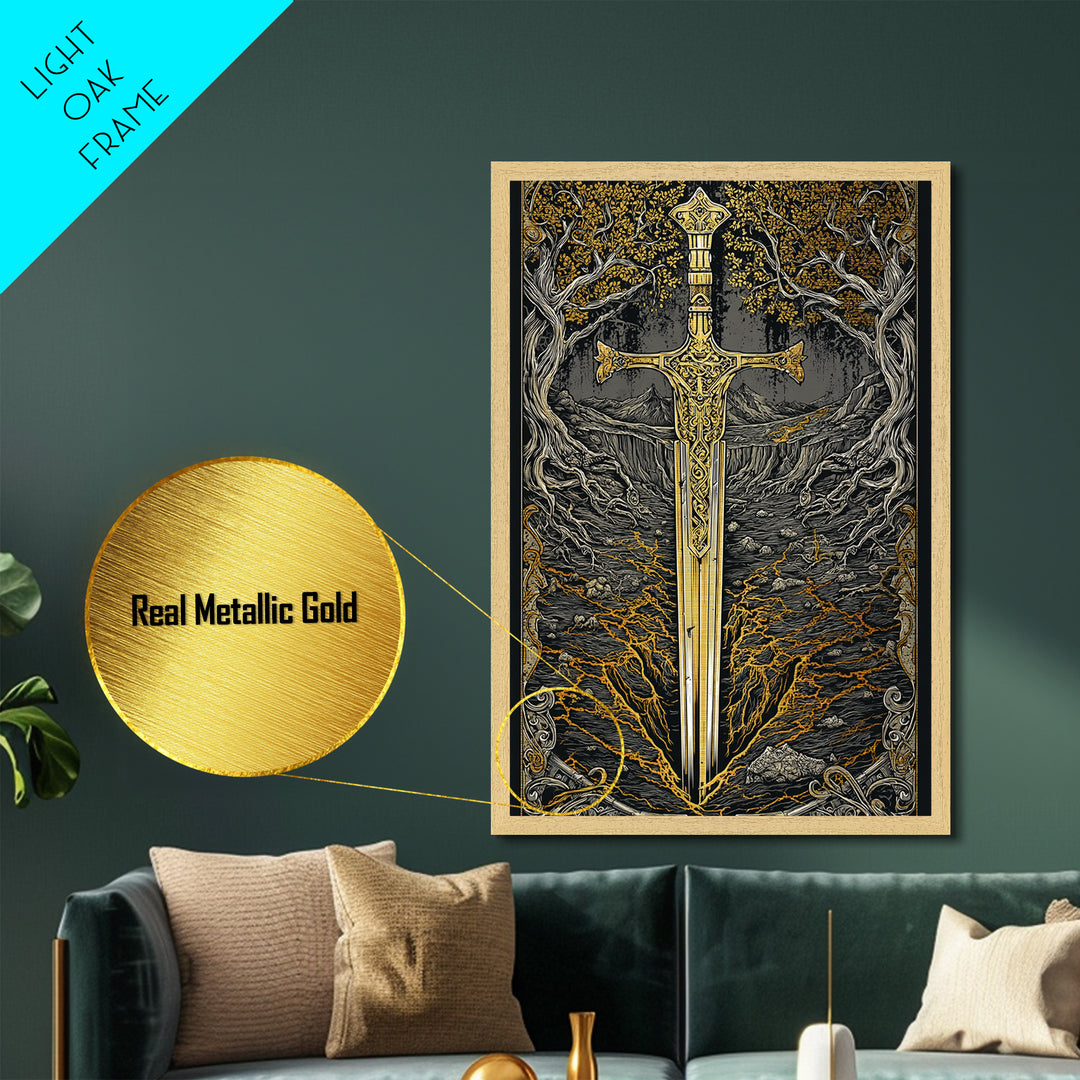 Yggdrasil Sword Metallic Gold Art, Nordic Mythology Metal Art for Office or Dad Gift, handcrafted and framed in real natural wood